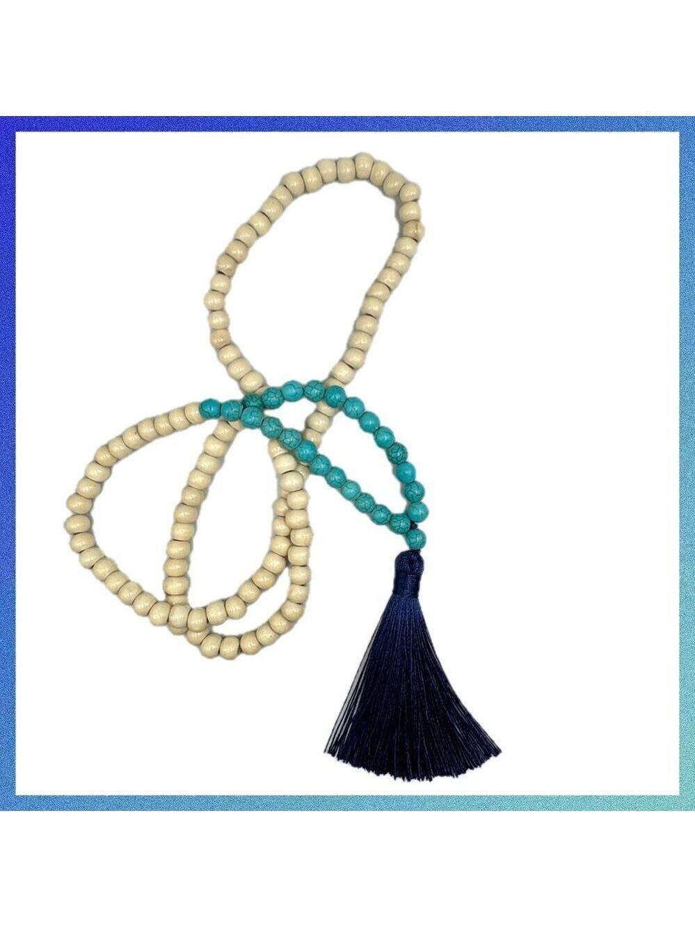 Handmade Boho Tassel Necklace Wooden & Stone Beads – 34” Long #1503